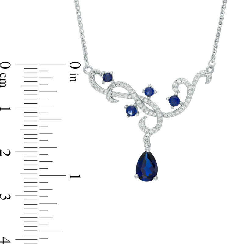 Pear-Shaped Lab-Created Blue and White Sapphire Scroll Necklace in Sterling Silver - 15"
