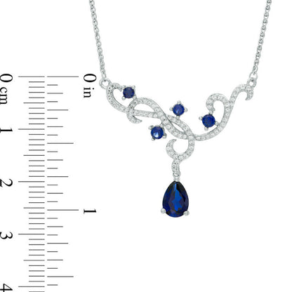 Pear-Shaped Lab-Created Blue and White Sapphire Scroll Necklace in Sterling Silver - 15"