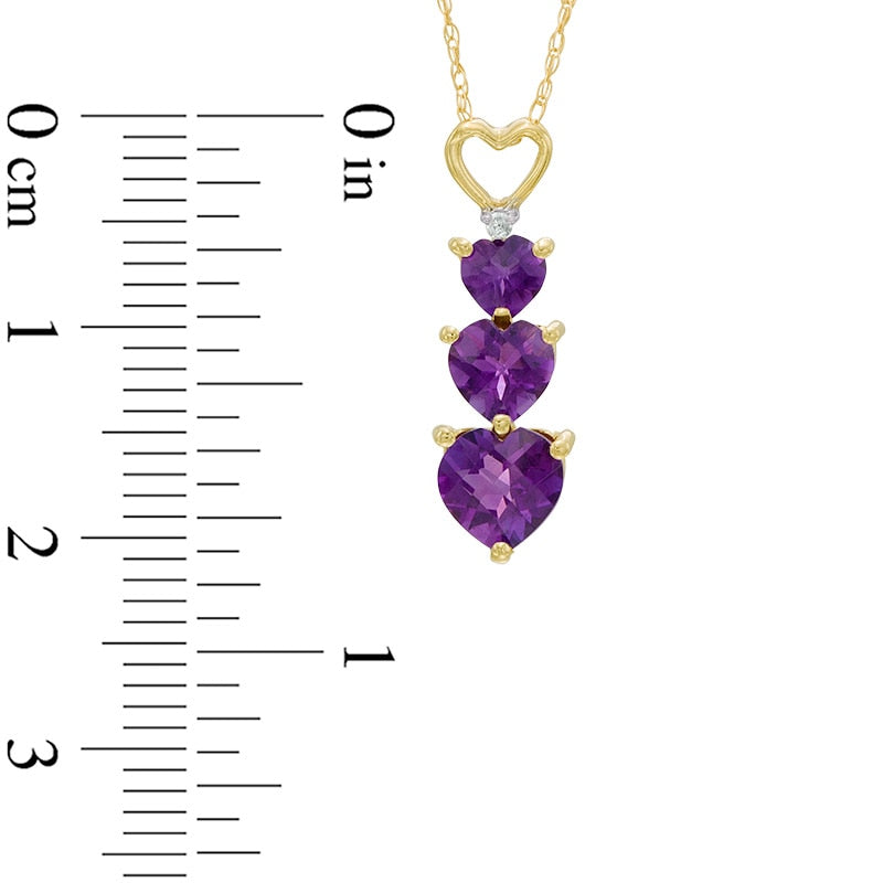 Heart-Shaped Amethyst and Natural Diamond Accent Linear Three Stone Pendant in 10K Yellow Gold