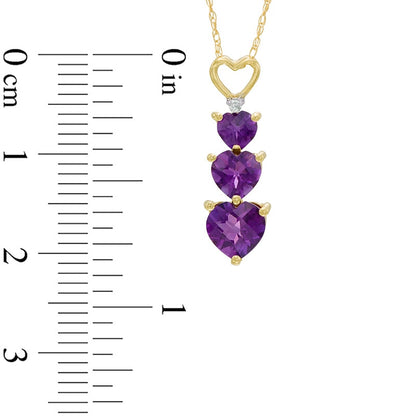 Heart-Shaped Amethyst and Natural Diamond Accent Linear Three Stone Pendant in 10K Yellow Gold