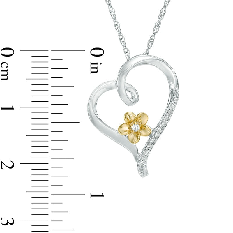 0.07 CT. T.W. Natural Diamond Tilted Heart Flower Pendant in Sterling Silver and 10K Yellow Gold