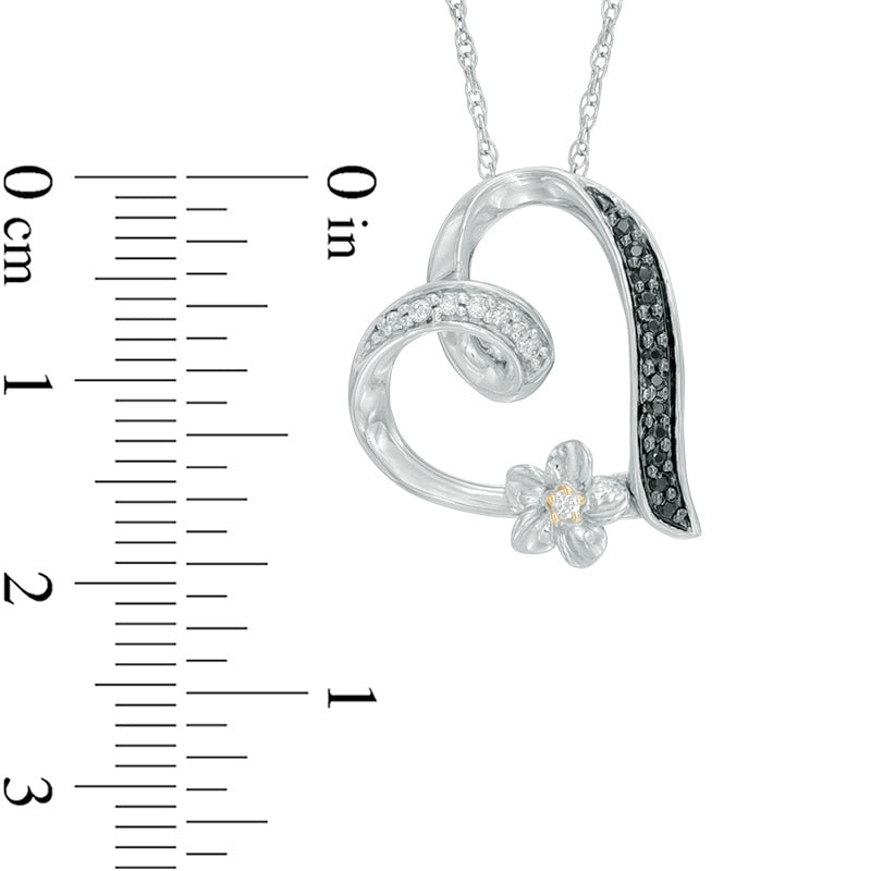 0.1 CT. T.W. Enhanced Black and White Natural Diamond Tilted Heart Flower Pendant in Sterling Silver and 10K Yellow Gold