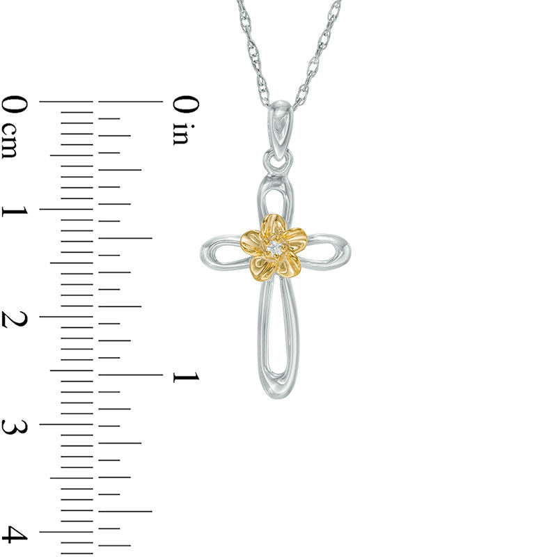 Natural Diamond Accent Looped Cross Flower Pendant in Sterling Silver and 10K Yellow Gold