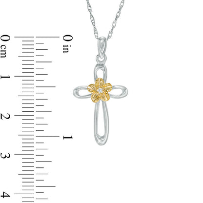 Natural Diamond Accent Looped Cross Flower Pendant in Sterling Silver and 10K Yellow Gold