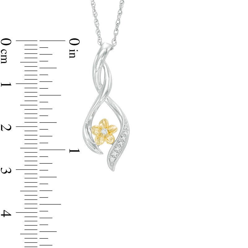 Natural Diamond Accent Twist Ribbon Flower Pendant in Sterling Silver and 10K Yellow Gold