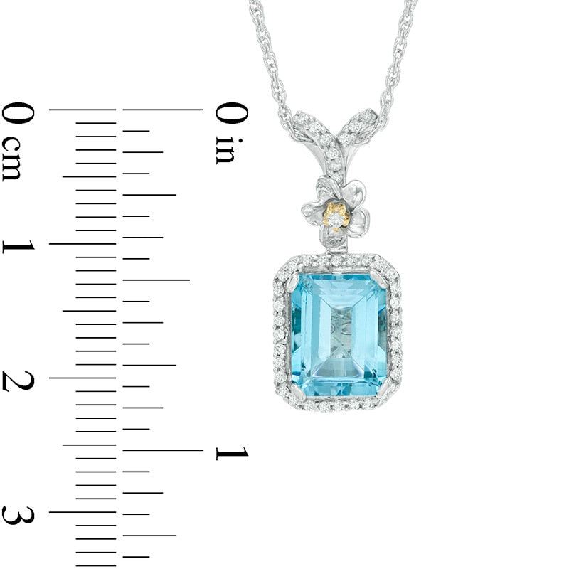 Octagonal Blue Topaz and 0.17 CT. T.W. Natural Diamond Frame with Flower Pendant in Sterling Silver and 10K Yellow Gold