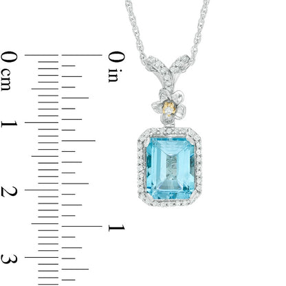 Octagonal Blue Topaz and 0.17 CT. T.W. Natural Diamond Frame with Flower Pendant in Sterling Silver and 10K Yellow Gold