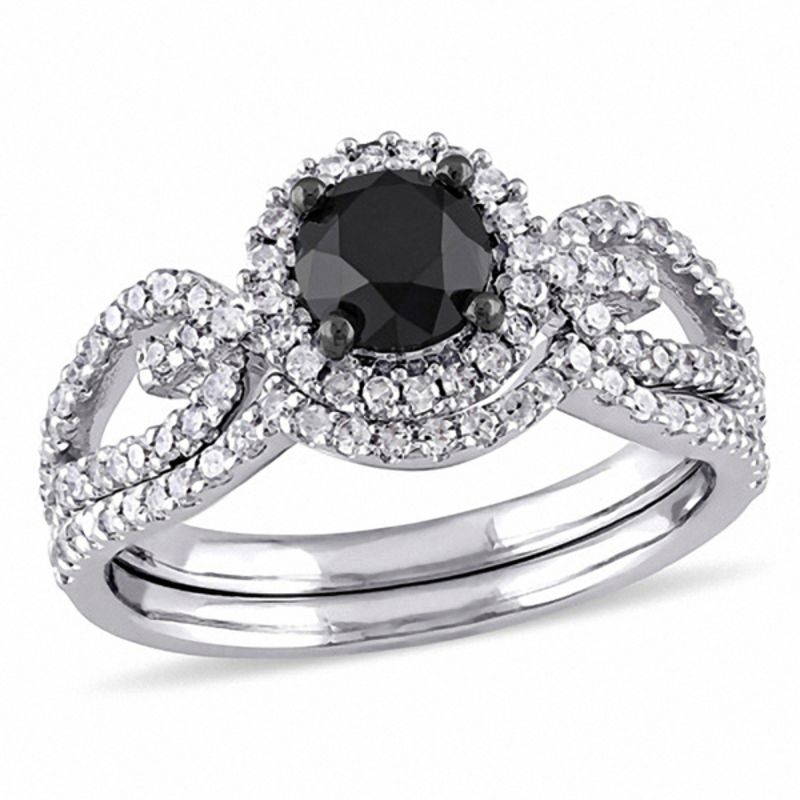 1.50 Ct. Black and White Diamond Halo Loop Shank Bridal Engagement Ring Set in 14K White Gold
