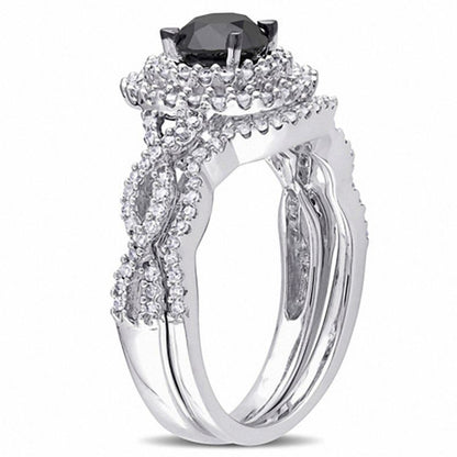 1-1/2 CT. T.W. Enhanced Black and White Diamond Double Frame Twist Shank Bridal Set in 14K White Gold