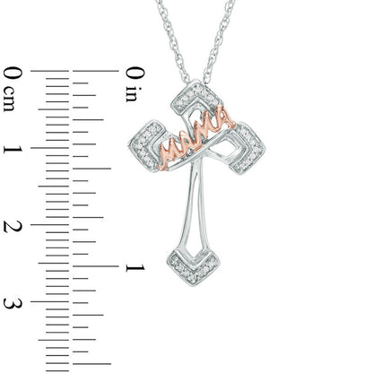 0.07 CT. T.W. Natural Diamond "Mama" Cross Pendant in Sterling Silver and 10K Rose Gold