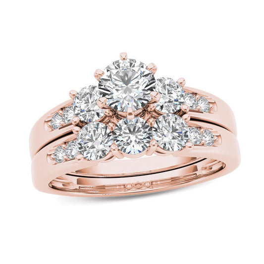 1-1/2 CT. T.W. Diamond Three Stone Bridal Engagement Ring Set in 14K Rose Gold