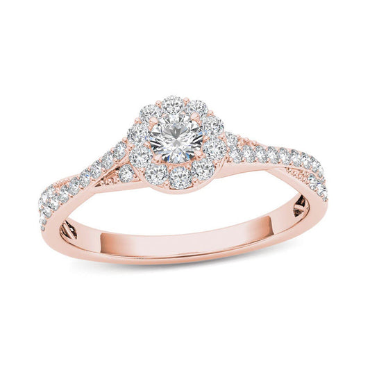 1/2 CT. T.W. Diamond Frame Twist Shank Engagement Ring in 14K Rose Gold