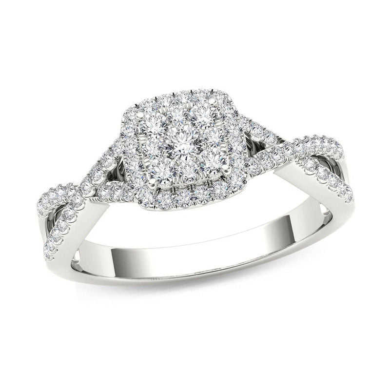 3/8 CT. T.W. Composite Diamond Square Frame Crossover Engagement Ring in 14K White Gold