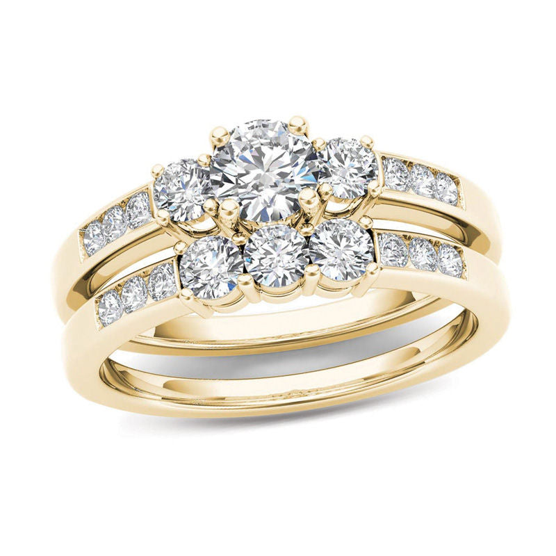 1 CT. T.W. Diamond Three Stone Bridal Engagement Ring Set in 14K Gold