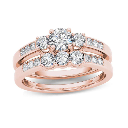 1 CT. T.W. Diamond Three Stone Bridal Engagement Ring Set in 14K Rose Gold