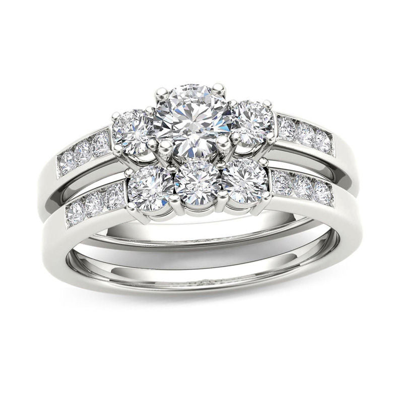 1 CT. T.W. Diamond Three Stone Bridal Engagement Ring Set in 14K White Gold