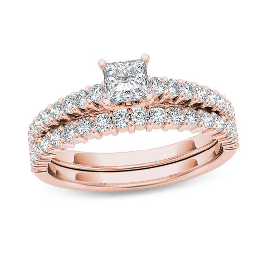 1 CT. T.W. Princess-Cut Diamond Bridal Engagement Ring Set in 14K Rose Gold