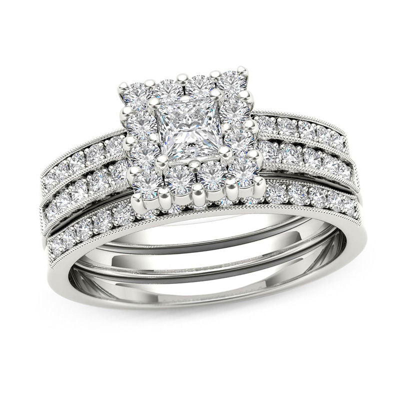 7/8 CT. T.W. Princess-Cut Diamond Frame Three Piece Bridal Engagement Ring Set in 14K White Gold