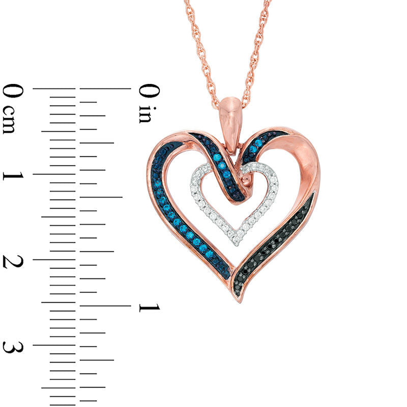 0.17 CT. T.W. Enhanced Blue, Black and White Natural Diamond Heart Pendant in Sterling Silver with 14K Rose Gold Plate