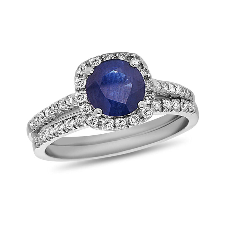 6.0mm Blue Sapphire and 3/8 CT. T.W. Diamond Cushion Frame Bridal Engagement Ring Set in 14K White Gold