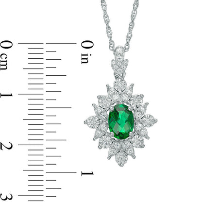 Oval Lab-Created Emerald and White Sapphire Starburst Frame Pendant in Sterling Silver