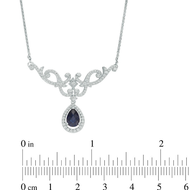 Pear-Shaped Lab-Created Blue and White Sapphire Scroll Necklace in Sterling Silver - 17"