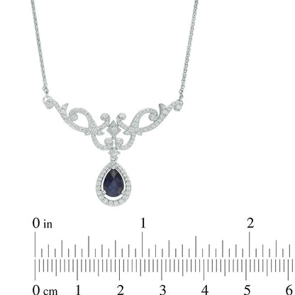 Pear-Shaped Lab-Created Blue and White Sapphire Scroll Necklace in Sterling Silver - 17"