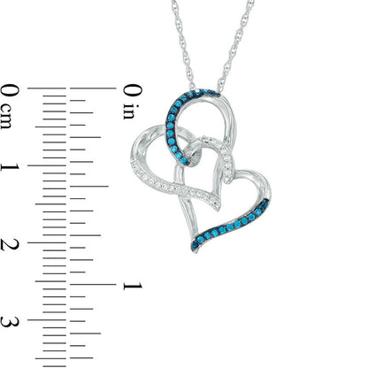 0.17 CT. T.W. Enhanced Blue and White Natural Diamond Interlocking Tilted Hearts Pendant in Sterling Silver