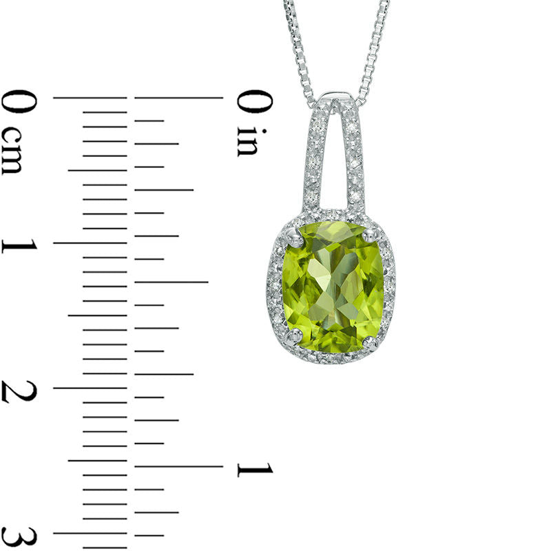 Cushion-Cut Peridot and Natural Diamond Accent Frame Drop Pendant in Sterling Silver