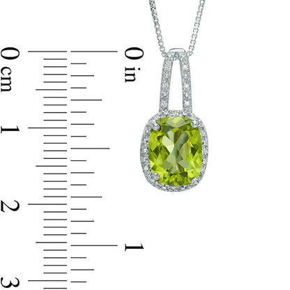 Cushion-Cut Peridot and Natural Diamond Accent Frame Drop Pendant in Sterling Silver