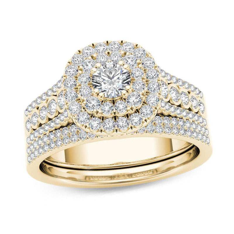 1 CT. T.W. Diamond Double Cushion Frame Multi-Row Bridal Engagement Ring Set in 14K Gold