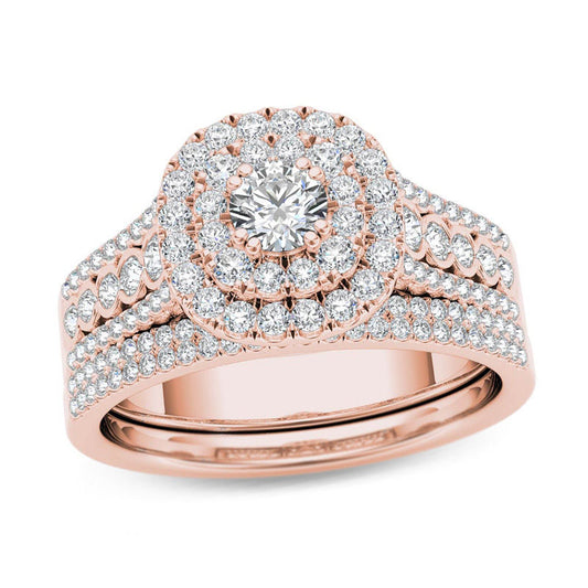 1 CT. T.W. Diamond Double Cushion Frame Multi-Row Bridal Engagement Ring Set in 14K Rose Gold