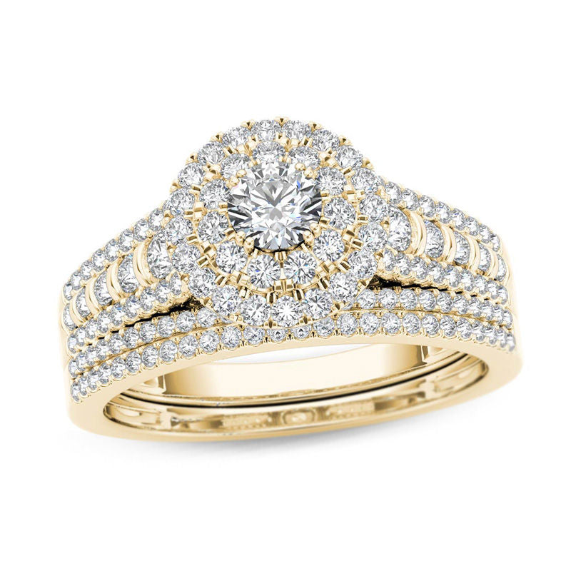 1 CT. T.W. Diamond Double Frame Multi-Row Bridal Engagement Ring Set in 14K Gold