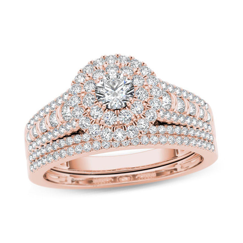 1 CT. T.W. Diamond Double Frame Multi-Row Bridal Engagement Ring Set in 14K Rose Gold