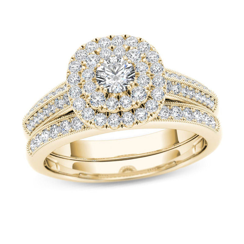 7/8 CT. T.W. Diamond Double Cushion Frame Multi-Row Vintage-Style Bridal Engagement Ring Set in 14K Gold