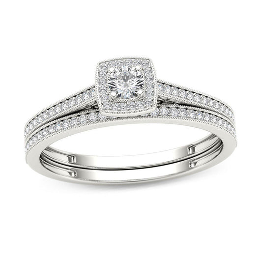 1/3 CT. T.W. Diamond Cushion Frame Vintage-Style Bridal Engagement Ring Set in 14K White Gold