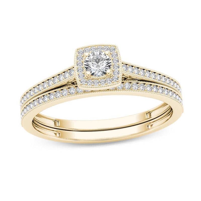 1/3 CT. T.W. Diamond Cushion Frame Vintage-Style Bridal Engagement Ring Set in 14K Gold