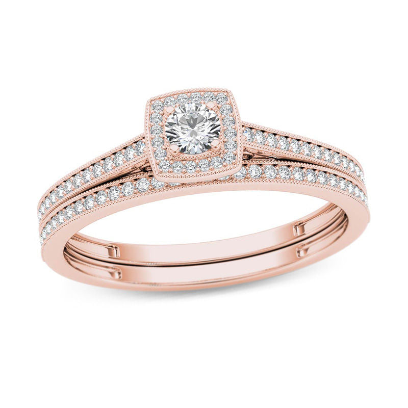 1/3 CT. T.W. Diamond Cushion Frame Vintage-Style Bridal Engagement Ring Set in 14K Rose Gold
