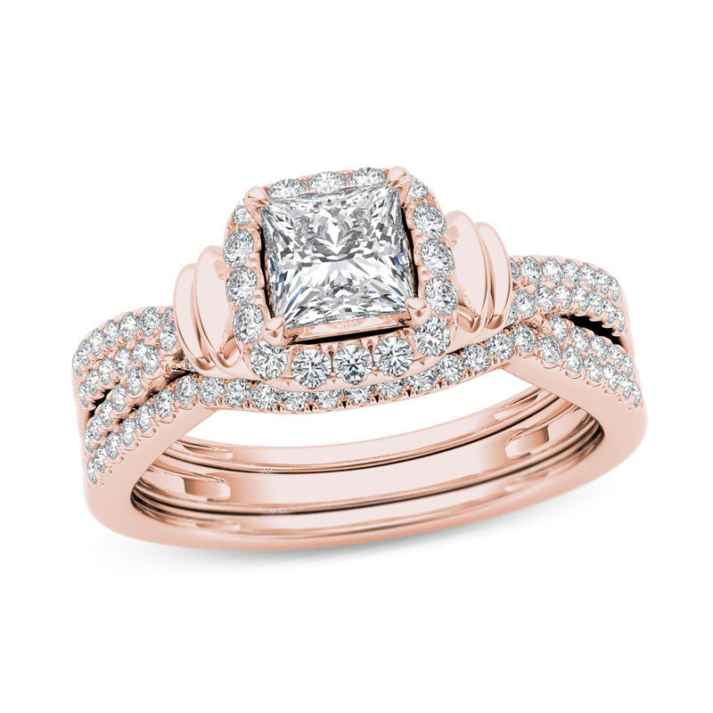 1 CT. T.W. Princess-Cut Diamond Frame Multi-Row Three Piece Bridal Engagement Ring Set in 14K Rose Gold