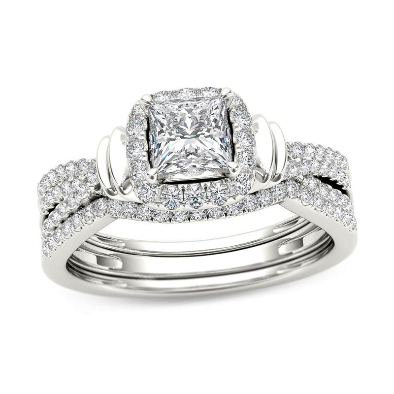 1 CT. T.W. Princess-Cut Diamond Frame Multi-Row Three Piece Bridal Engagement Ring Set in 14K White Gold