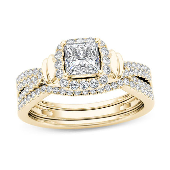 1 CT. T.W. Princess-Cut Diamond Frame Multi-Row Three Piece Bridal Engagement Ring Set in 14K Gold