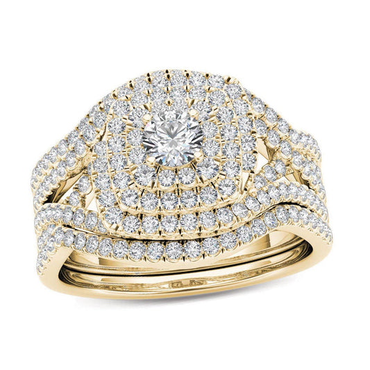 1 CT. T.W. Diamond Cushion Frame Split Shank Three Piece Bridal Engagement Ring Set in 14K Gold