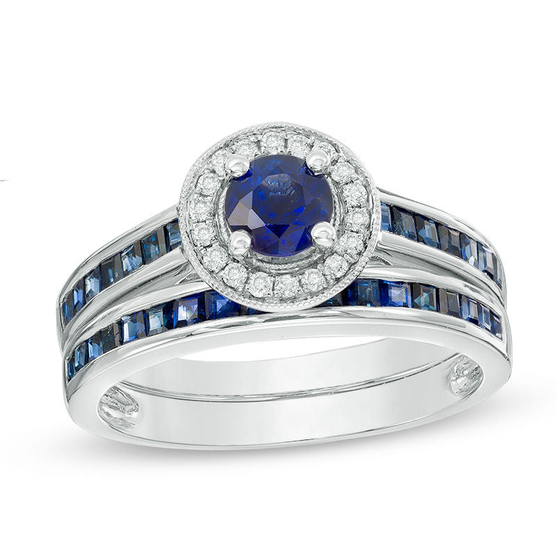 5.0mm Blue Sapphire and Diamond Accent Frame Bridal Engagement Ring Set in 14K White Gold