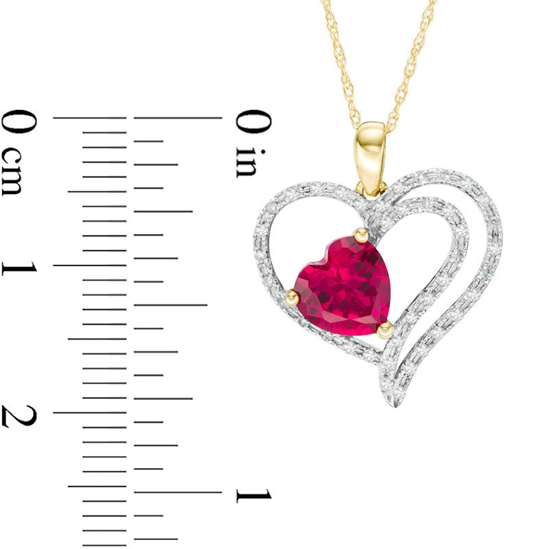 7.0mm Lab-Created Ruby and 0.17 CT. T.W. Diamond Multi-Row Heart Pendant in 10K Yellow Gold