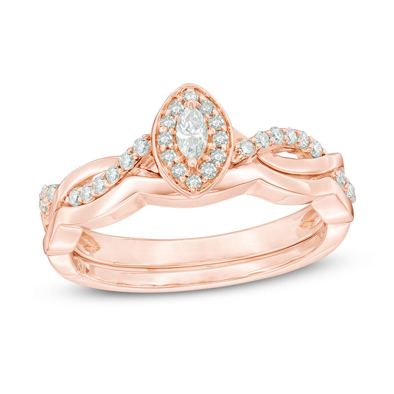 1/4 CT. T.W. Marquise Diamond Frame Twist Bridal Engagement Ring Set in 14K Rose Gold