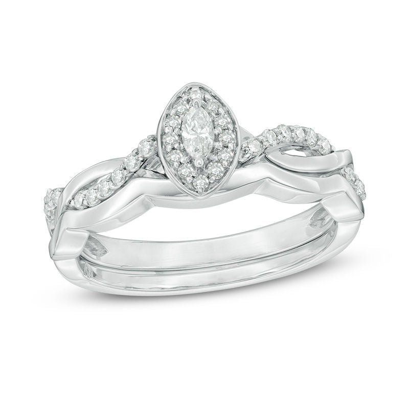 1/4 CT. T.W. Marquise Diamond Frame Twist Bridal Engagement Ring Set in 14K White Gold