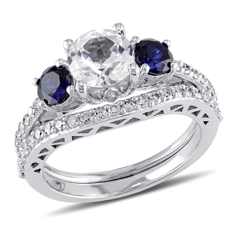 6.5mm Lab-Created White and Blue Sapphire with 1/3 CT. T.W. Diamond Three Stone Bridal Engagement Ring Set in 14K White Gold