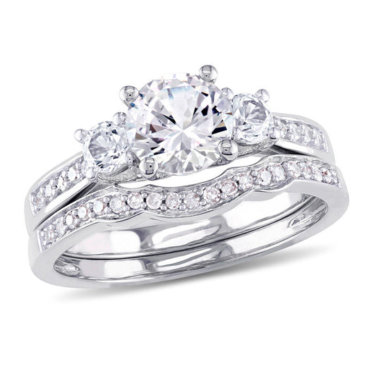6.0mm Lab-Created White Sapphire and 1/8 CT. T.W. Diamond Three Stone Bridal Engagement Ring Set in 14K White Gold