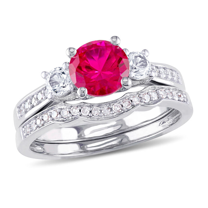 6.0mm Lab-Created Ruby and White Sapphire with 1/8 CT. T.W. Diamond Three Stone Bridal Engagement Ring Set in 14K White Gold