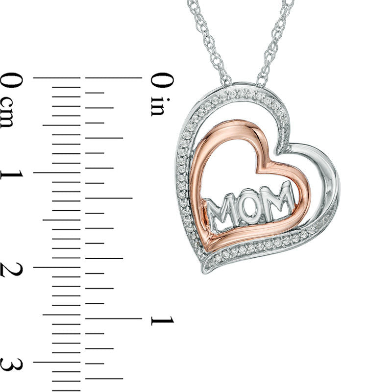 0.1 CT. T.W. Natural Diamond "MOM" Tilted Double Heart Pendant in Sterling Silver and 10K Rose Gold